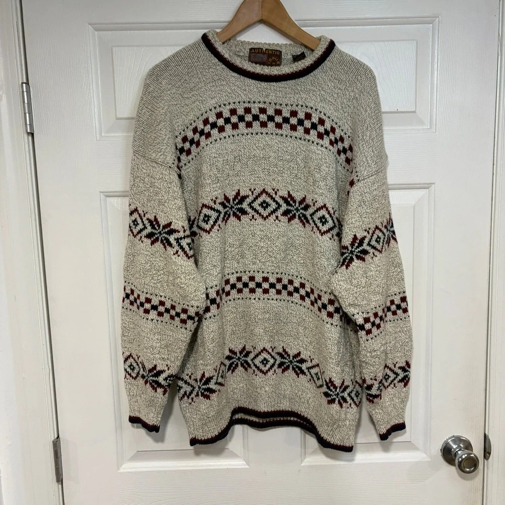 VTG 80s 90s Cotton Authentic Knitwear Mens L Nordic Fair Isle‎ Sweater Made USA - Picture 2 of 9